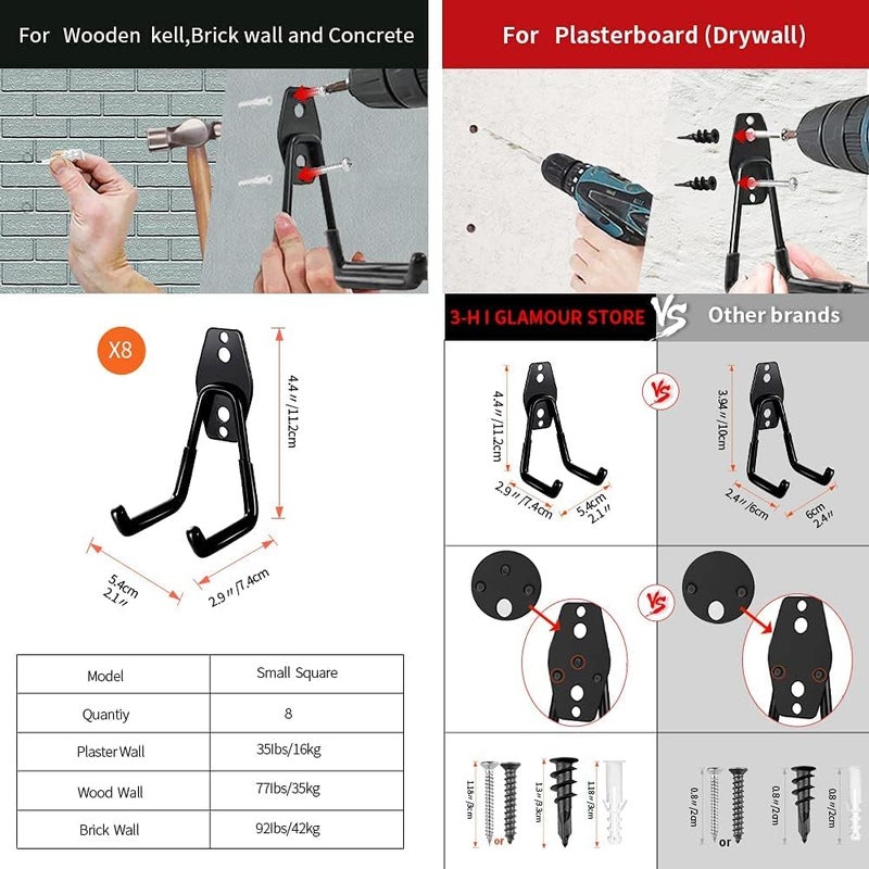 3H Heavy Duty Garage Hooks [8 Pack] - 3-Round Welding Tech Holds 22lbs More - Thickened Steel Wall Mount for Ladders, Tools & Storage - Rustproof Utility Hardware - Image 2